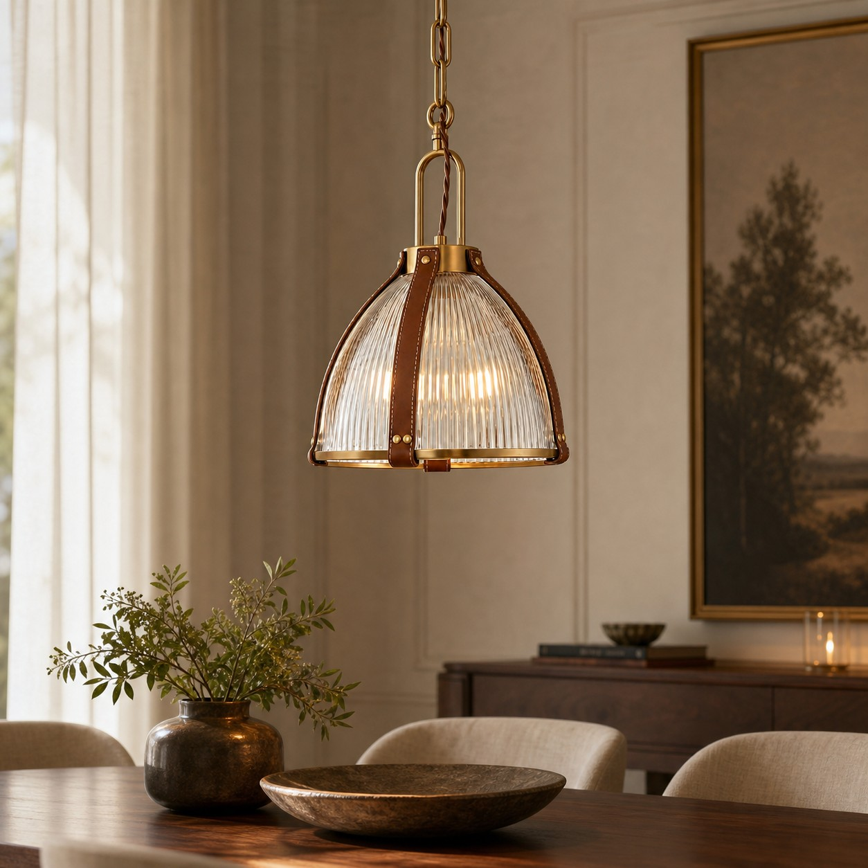 Ribbed glass pendant in a refined dining room