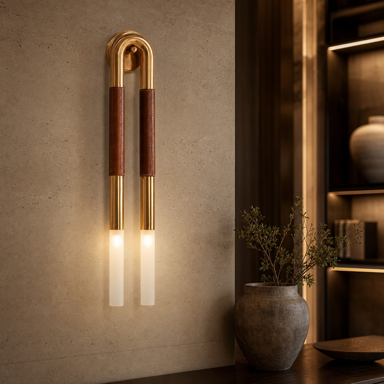 Double brown leather wall light on a stone wall