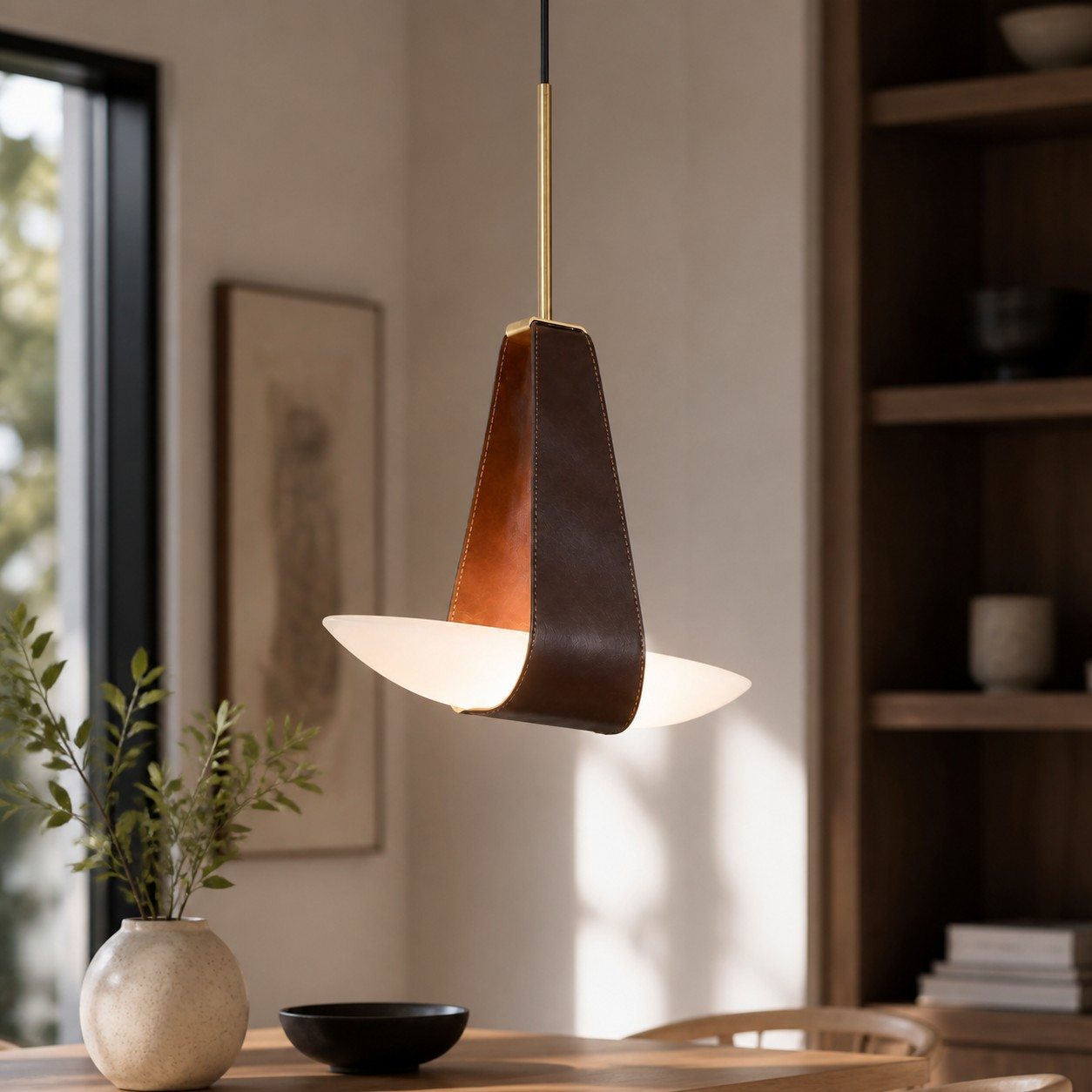 Single leather sail pendant above a dining table