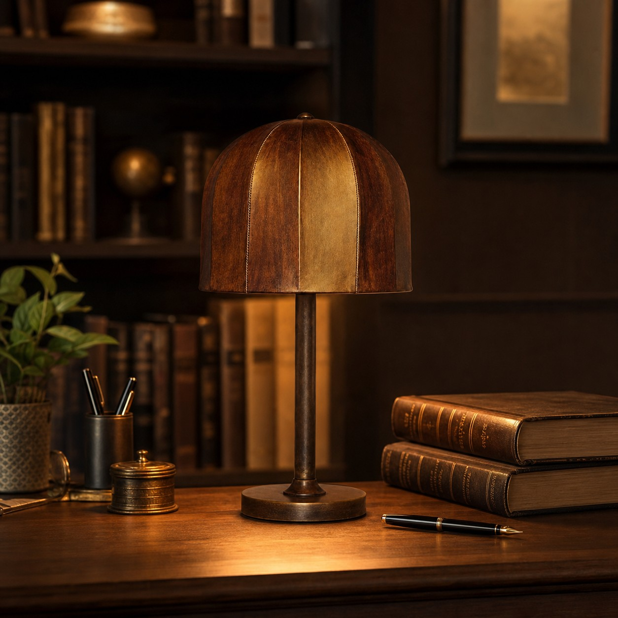 Dark brown leather table lamp on a study desk