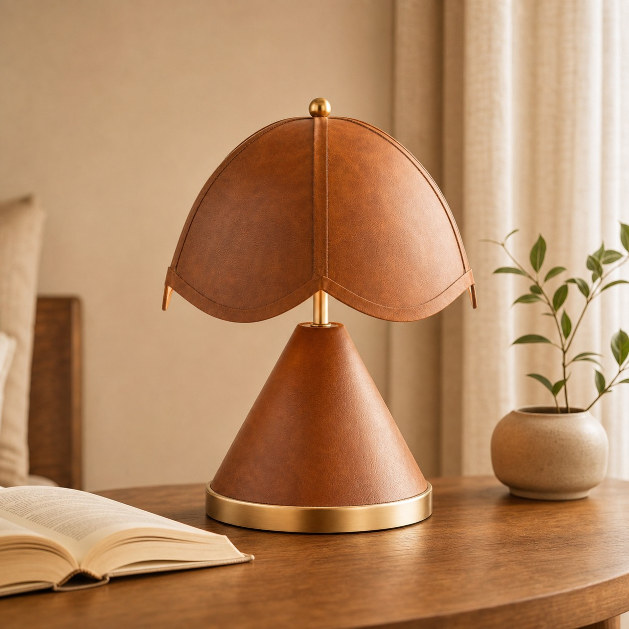 Leather petal lamp beside an open book