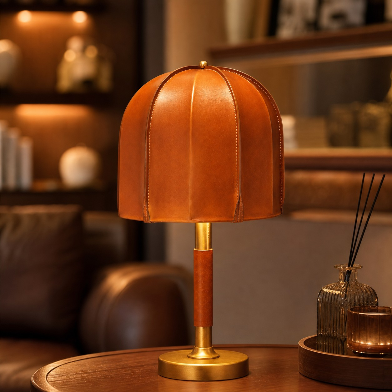 Caramel leather table lamp in a warm lounge