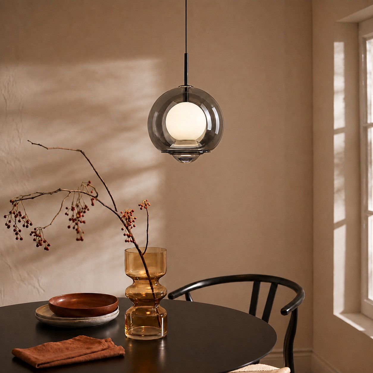 Smoked double-globe pendant above a round breakfast table