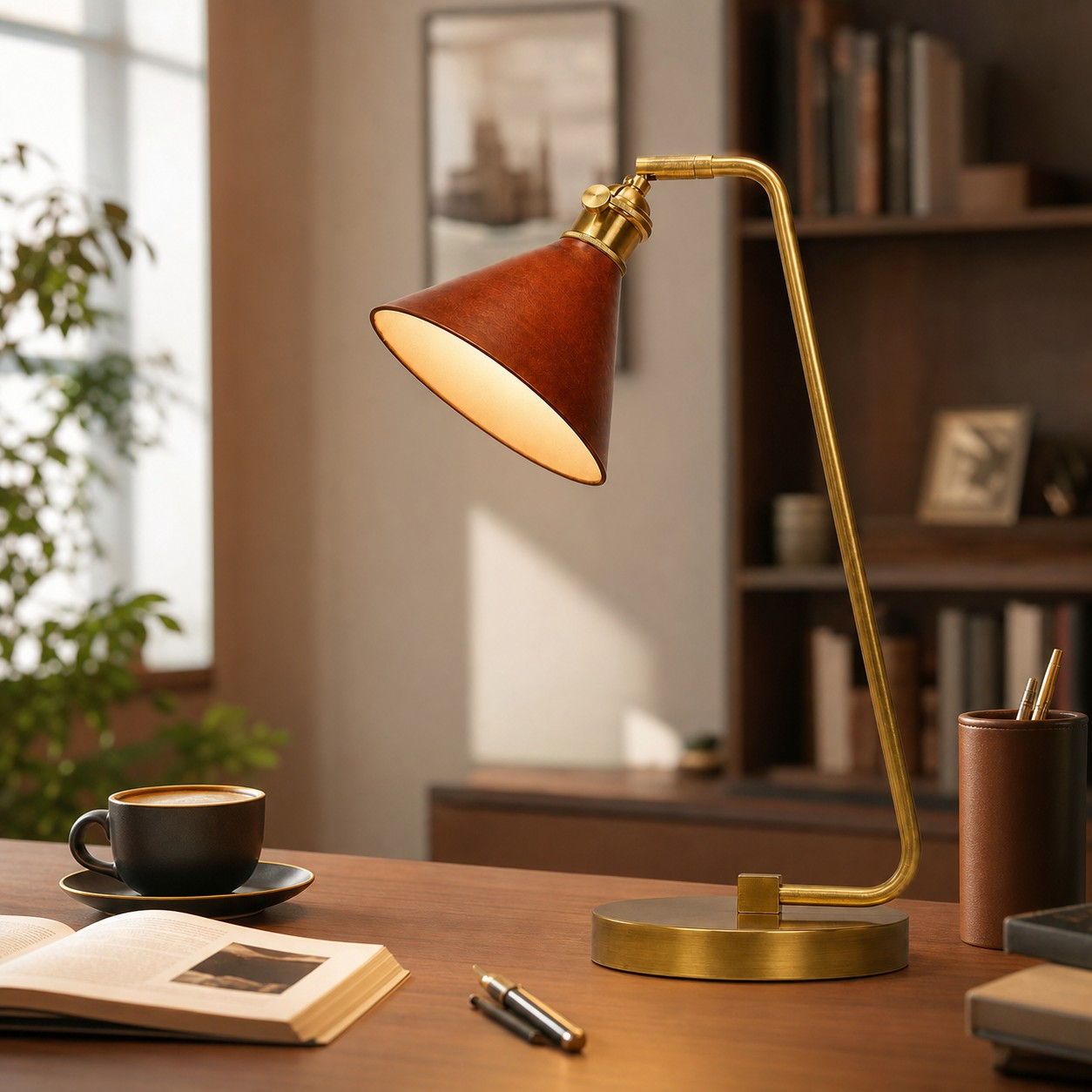 Special edition curved brass table lamp on a desk