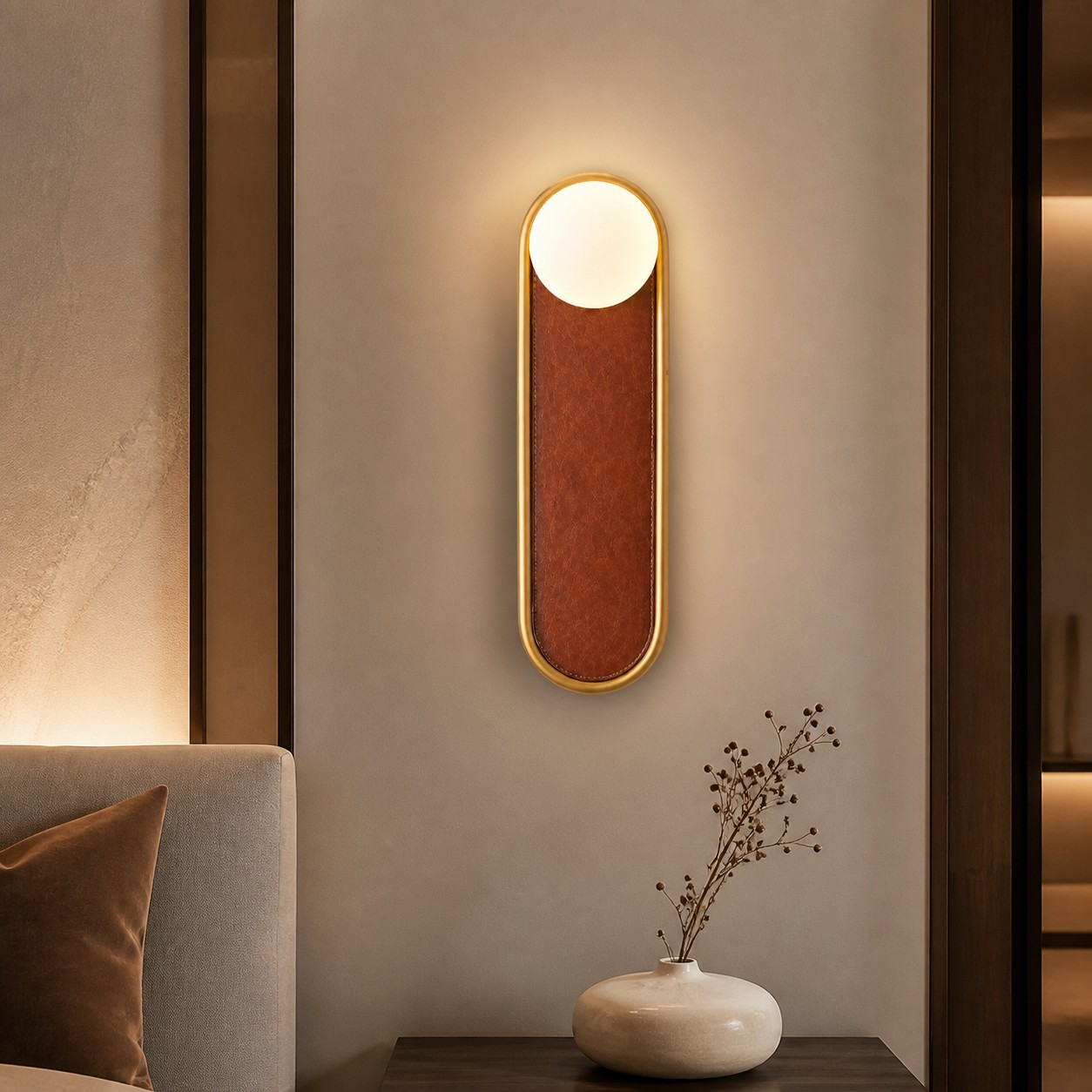 Smooth leather wall lamp beside a bed