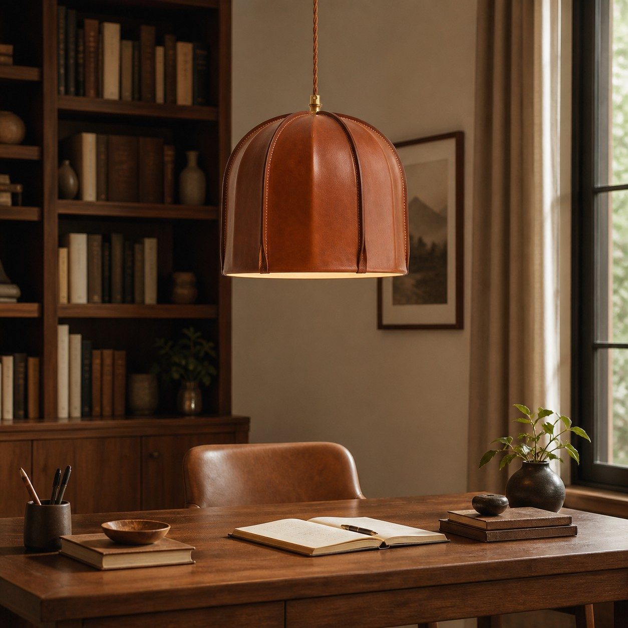 Leather pendant above a study table