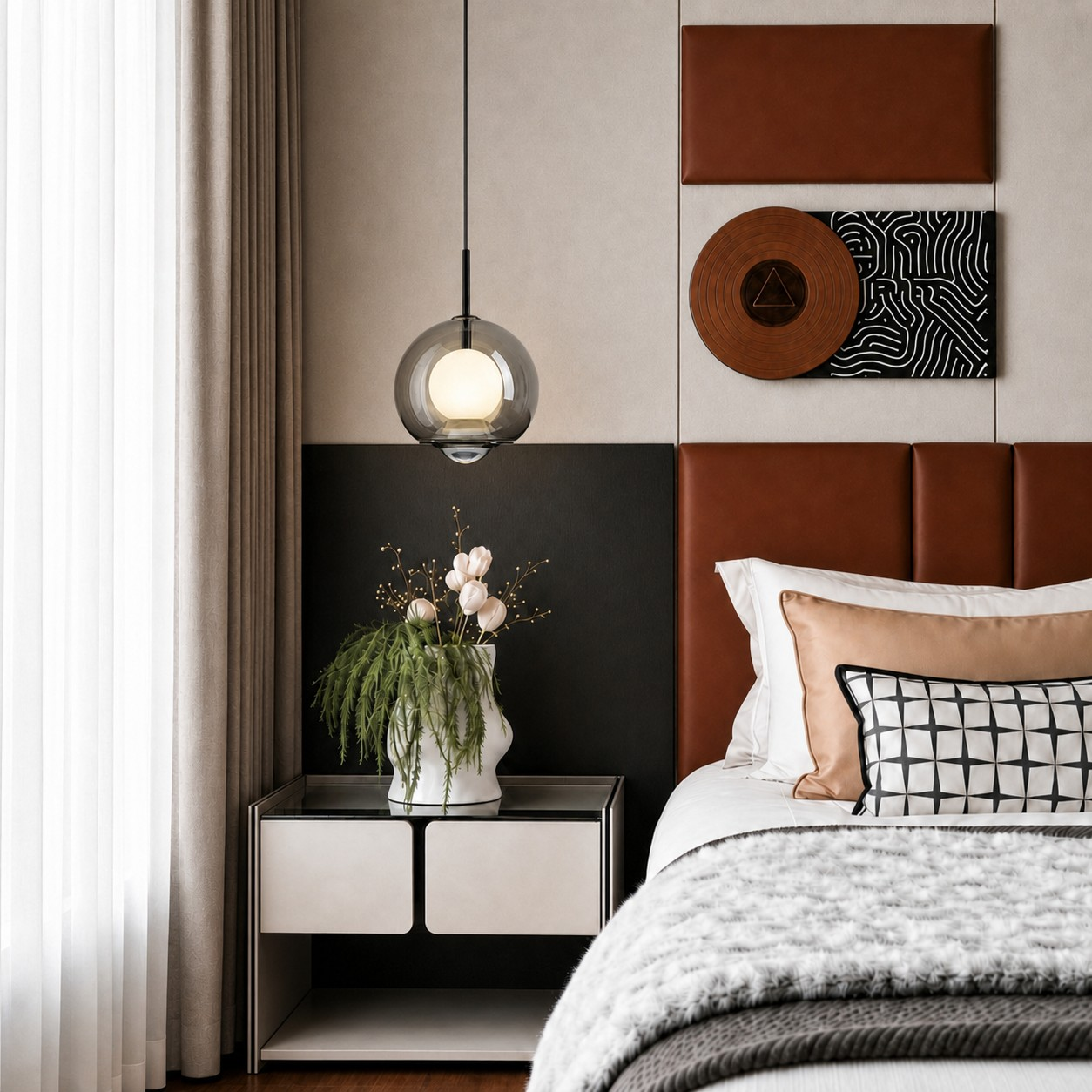 Smoked double-globe pendant beside a modern bed