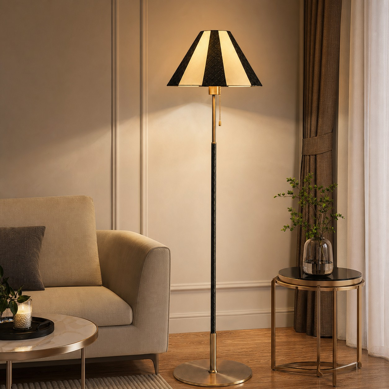 Black leather floor lamp beside modern seating