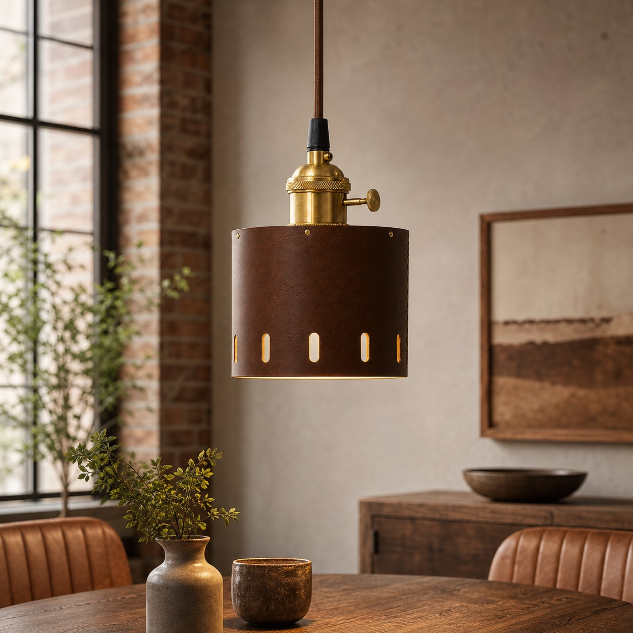 Vertical-slot leather pendant in a dining room
