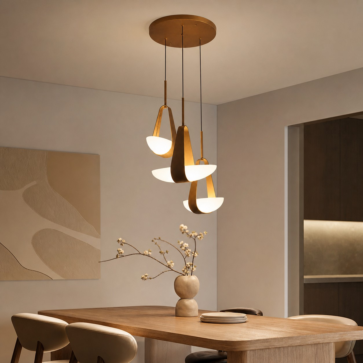 Triple sailboat leather pendant above a dining table