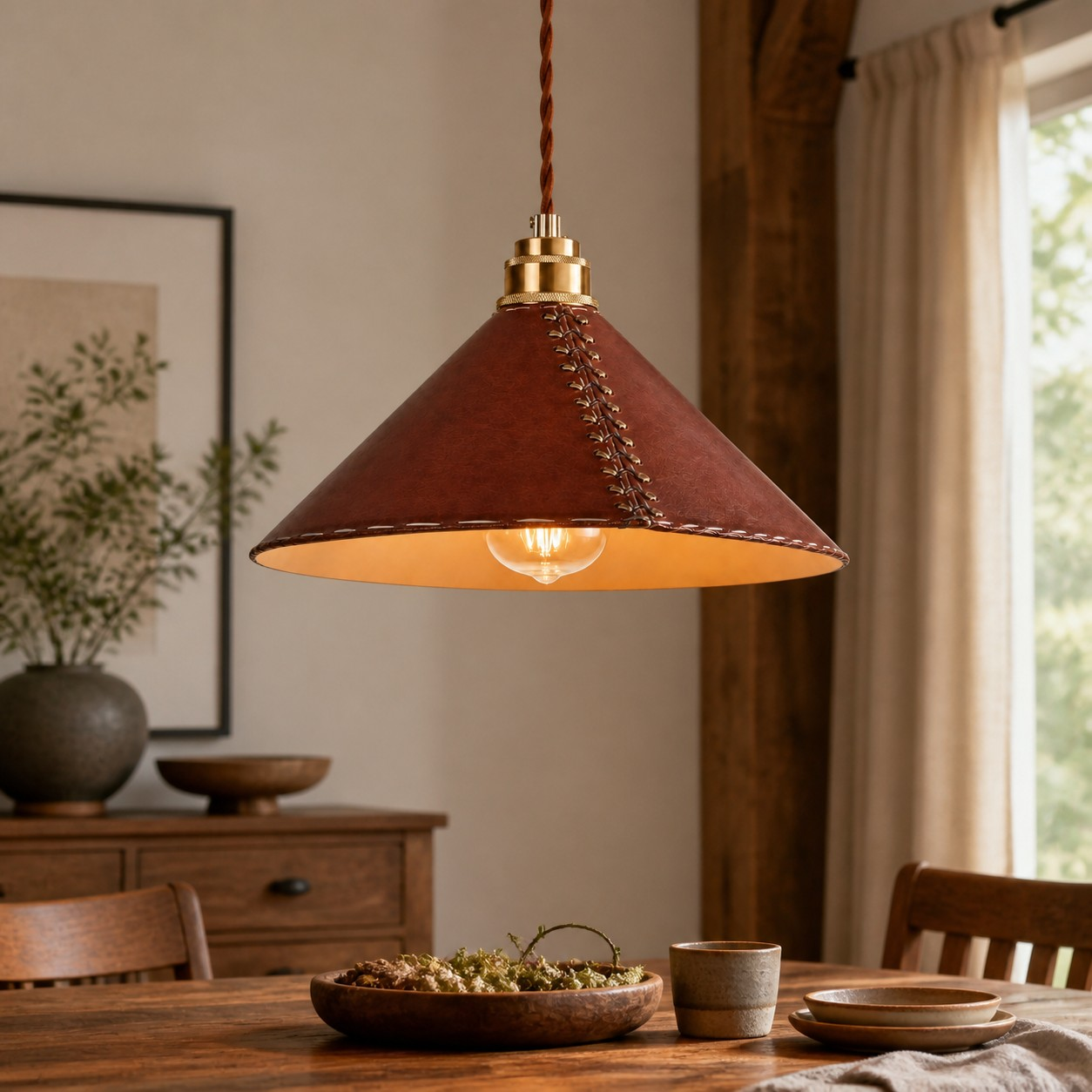 Leather pendant lighting a warm wood dining table