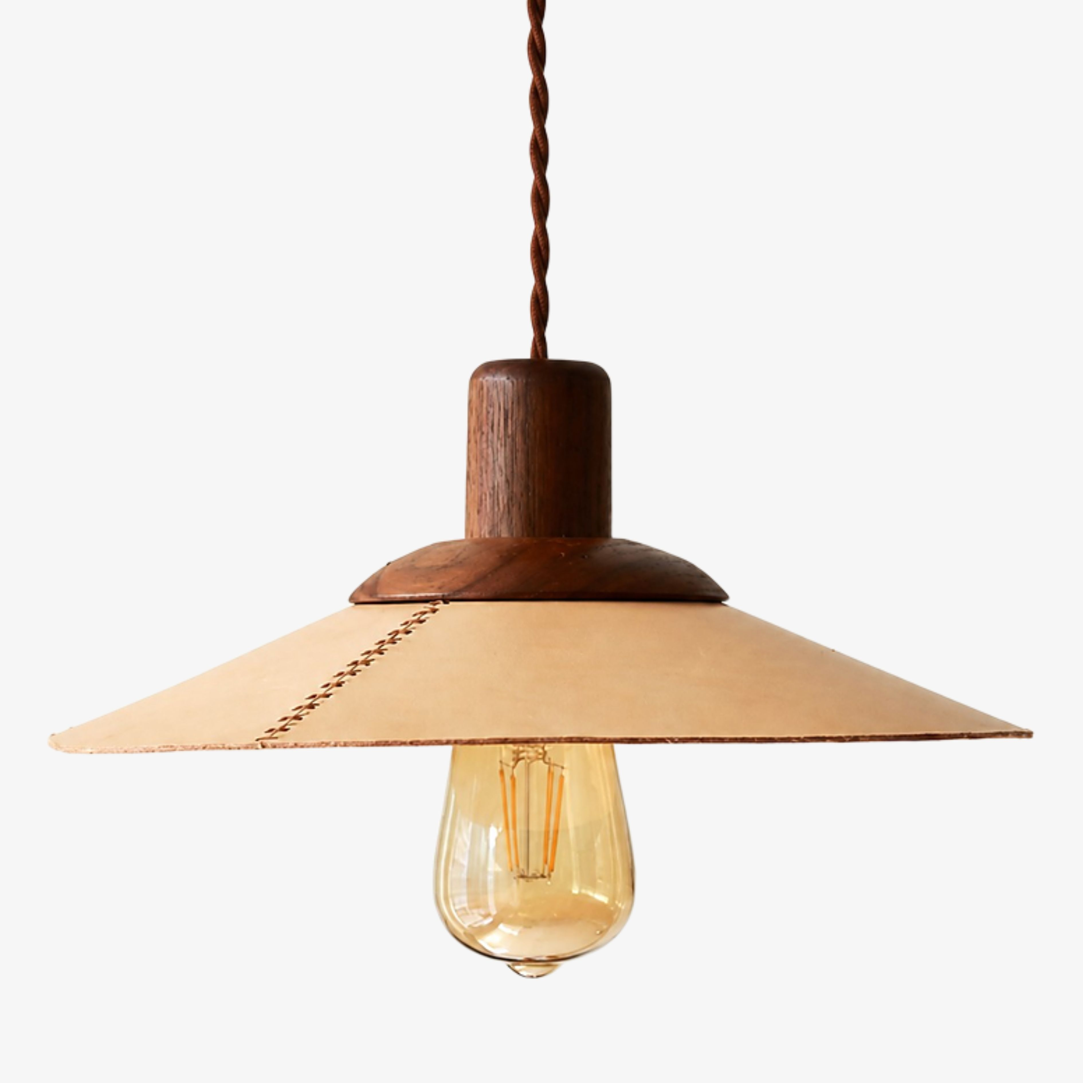 Natural leather and dark walnut wood pendant lamp
