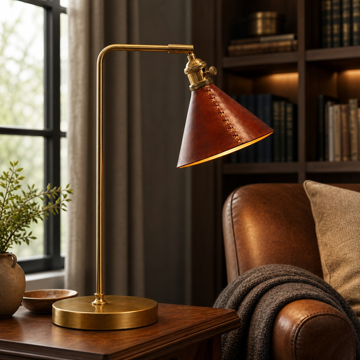 Standard leather and brass table lamp beside a reading chair