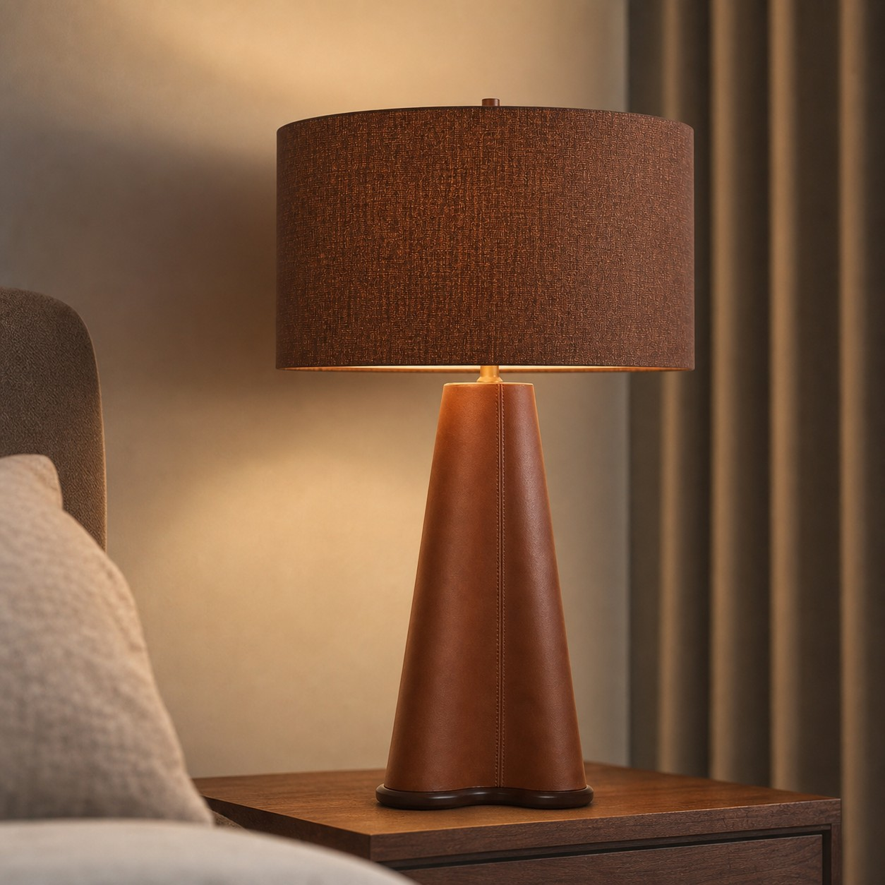Brown shade lamp on a bedside table