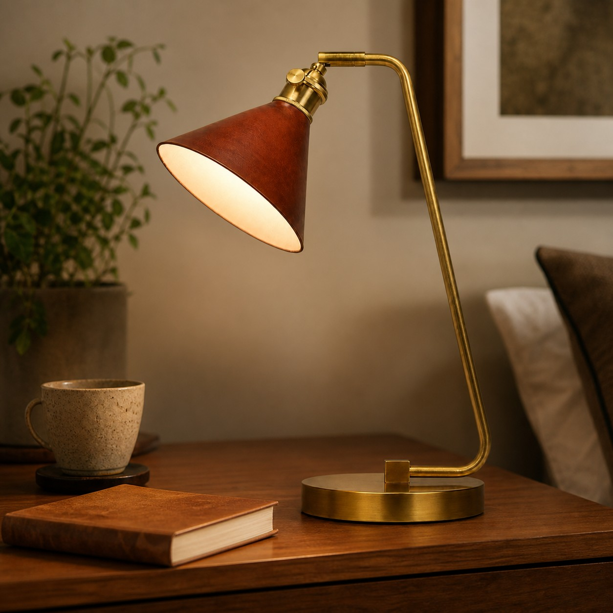 Special edition leather table lamp on a bedside table