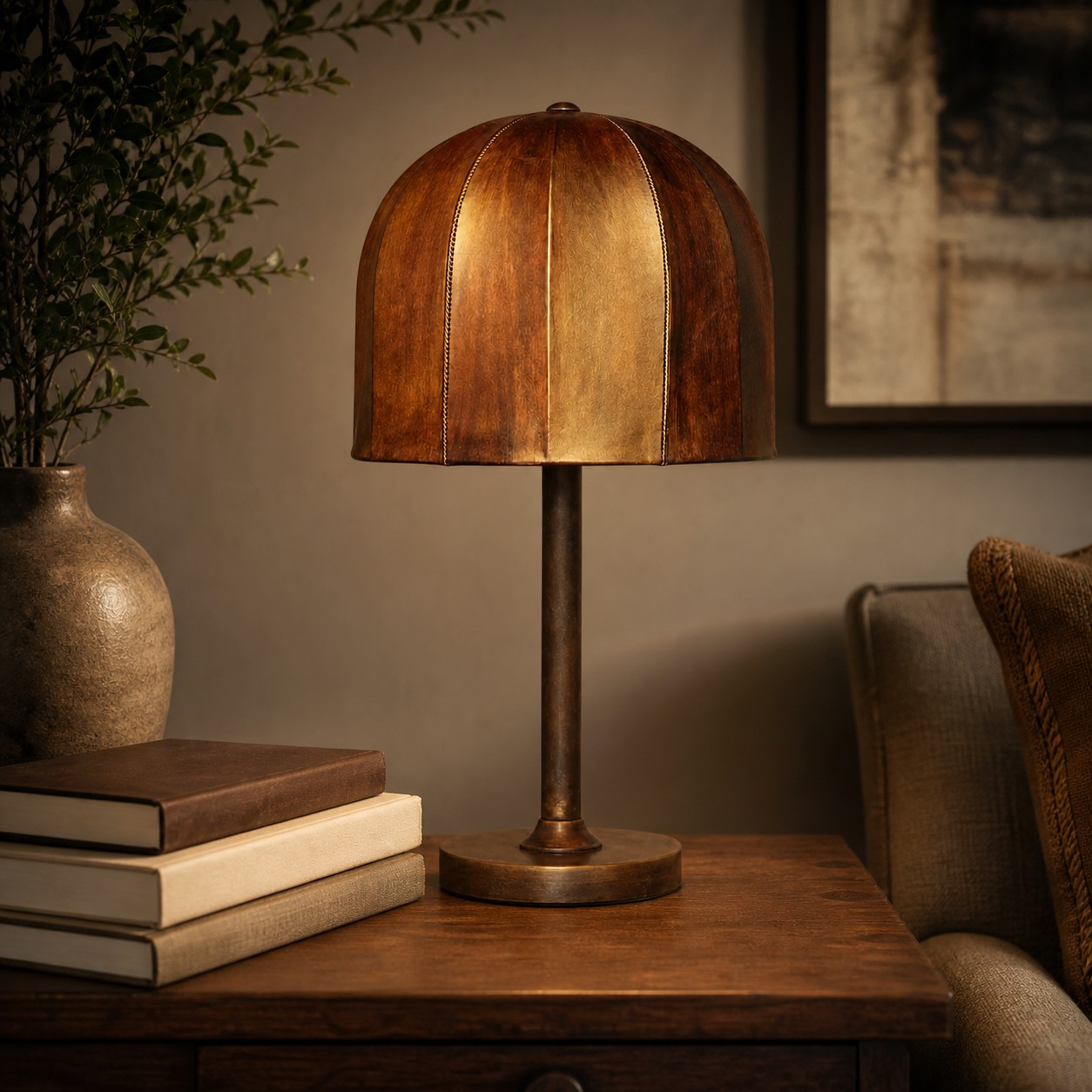 Dark brown leather table lamp on a side table