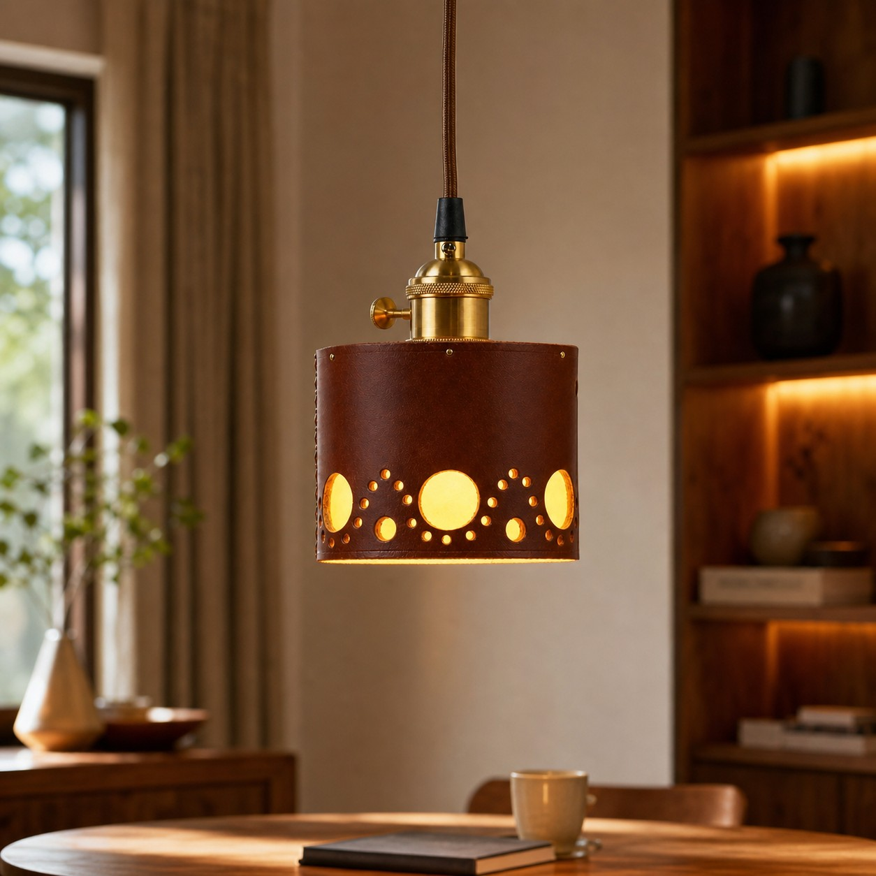 Circular-relief leather pendant in a warm interior