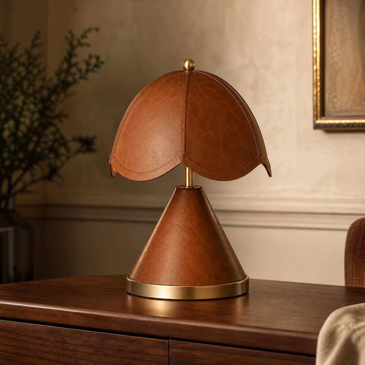 Leather table lamp in a warm classic interior