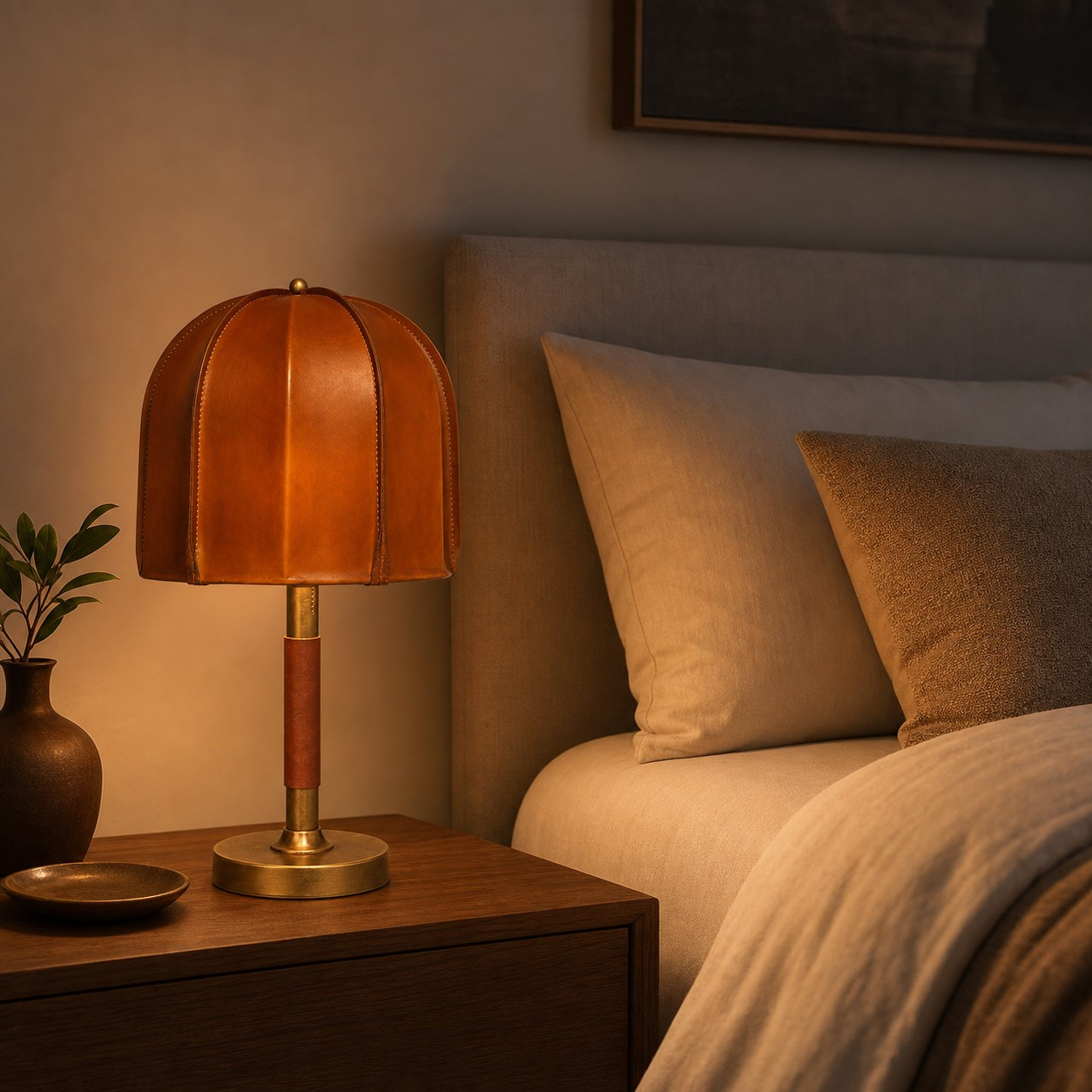 Caramel leather table lamp beside a bed