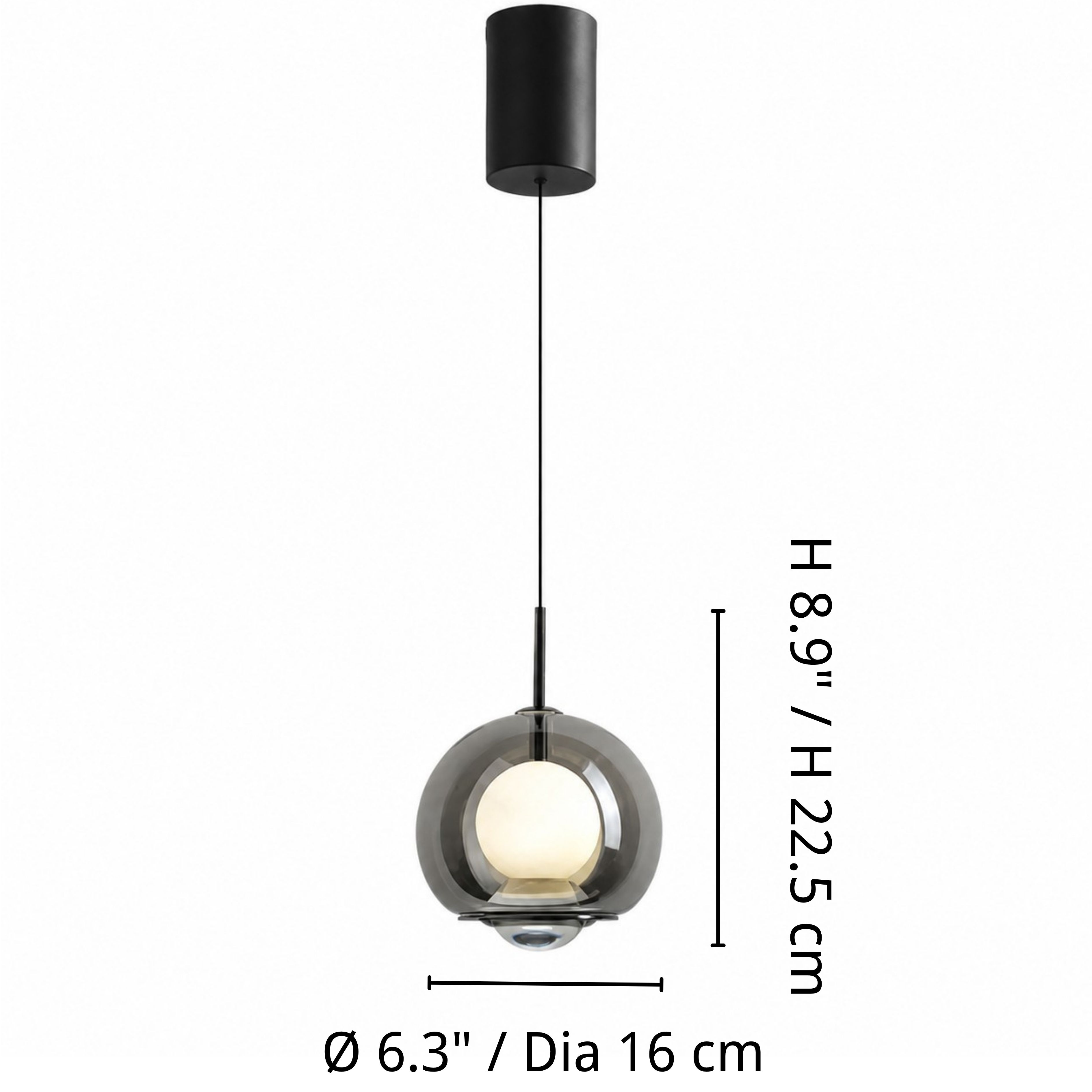 Pendant dimensions: diameter 16 centimeters and fixture height 22.5 centimeters
