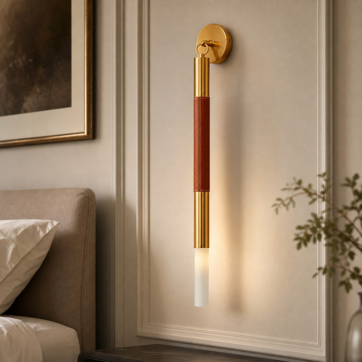 Single brown leather wall light beside a bed