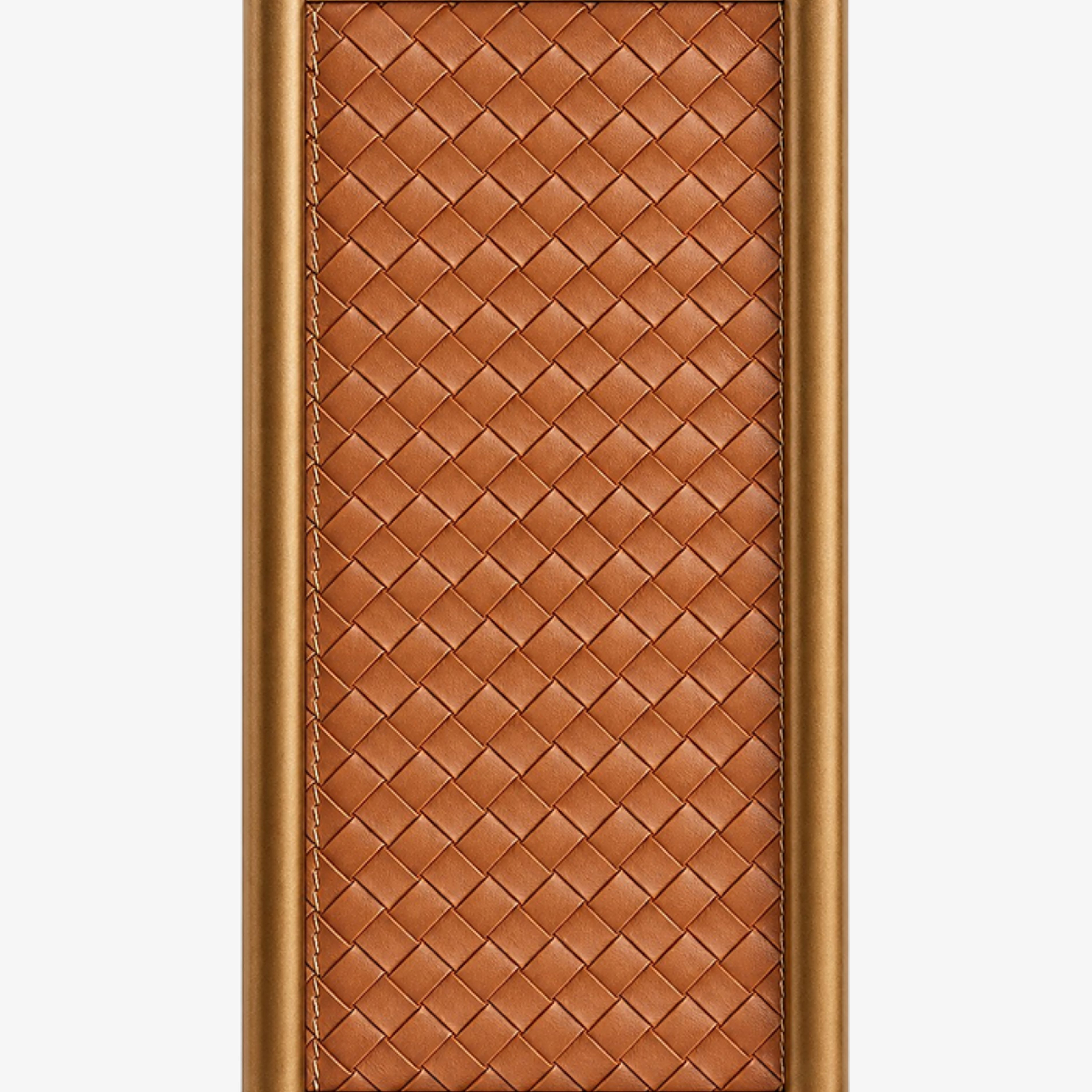 Close view of woven brown leather panel and warm metal frame