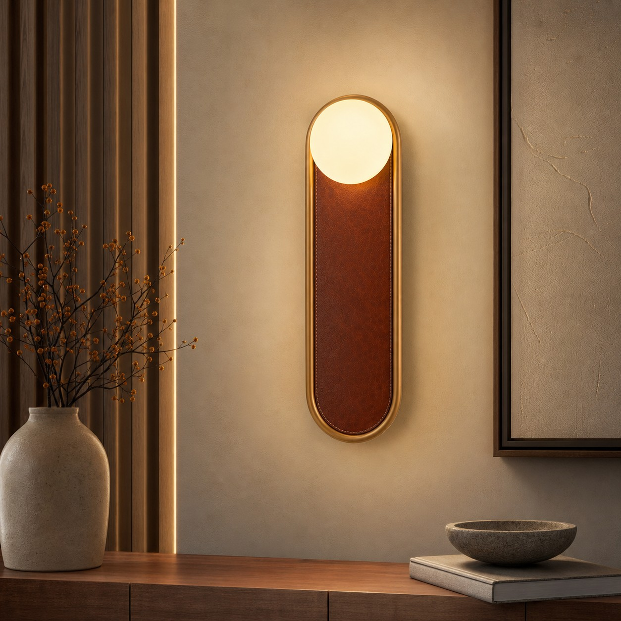 Smooth leather wall lamp above a console
