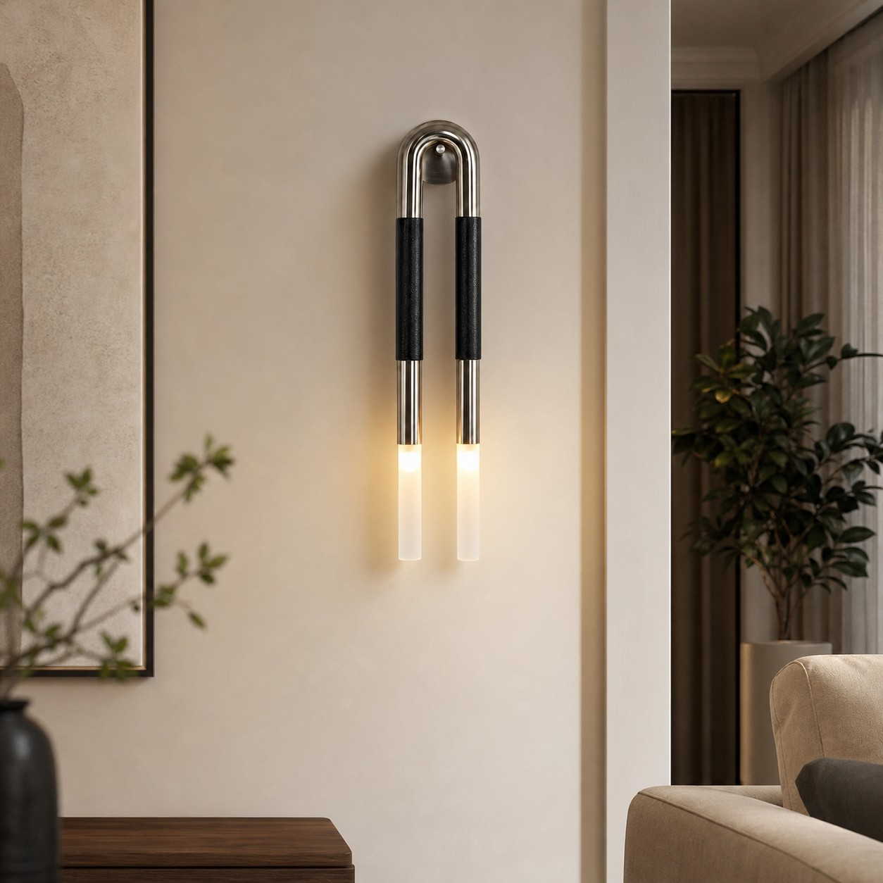 Double black leather wall light in a living room