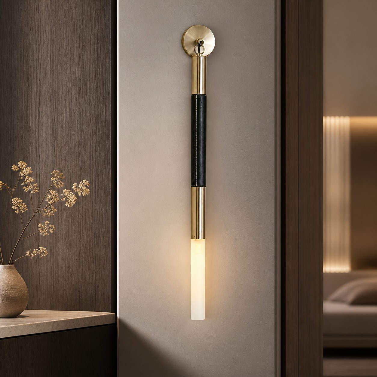 Single black leather wall light in a dark interior