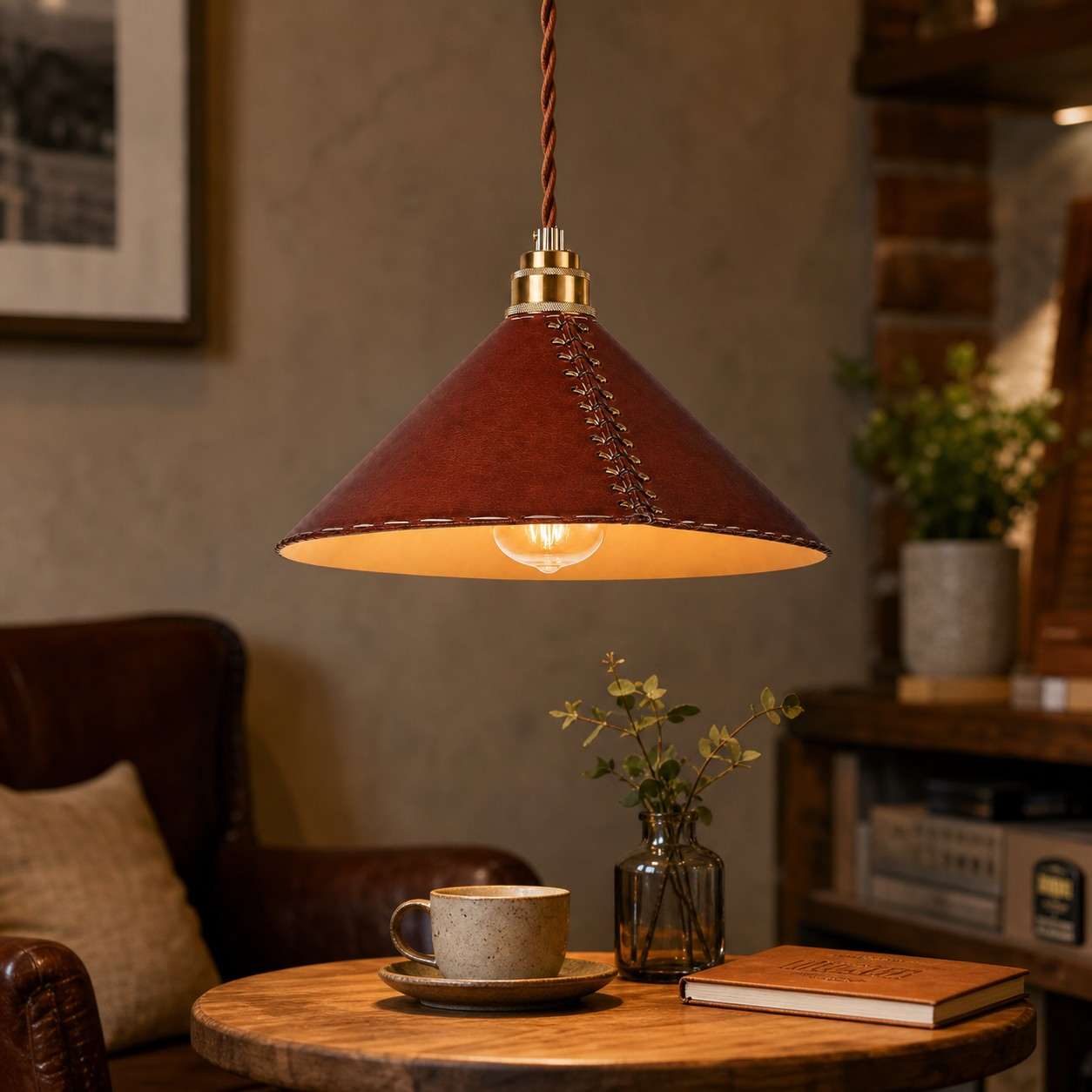 Leather pendant above a reading table