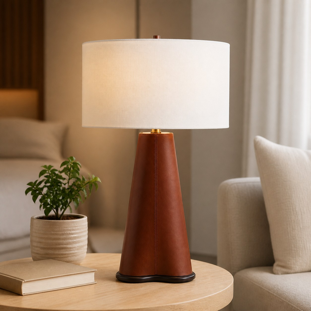 White shade leather tripod lamp in a bright living room