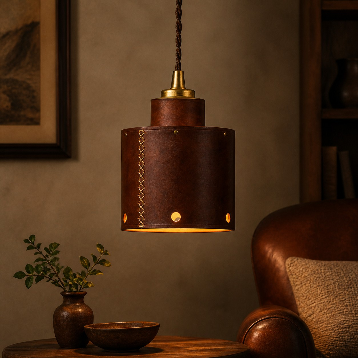 Stitched-wrap leather pendant in a lounge