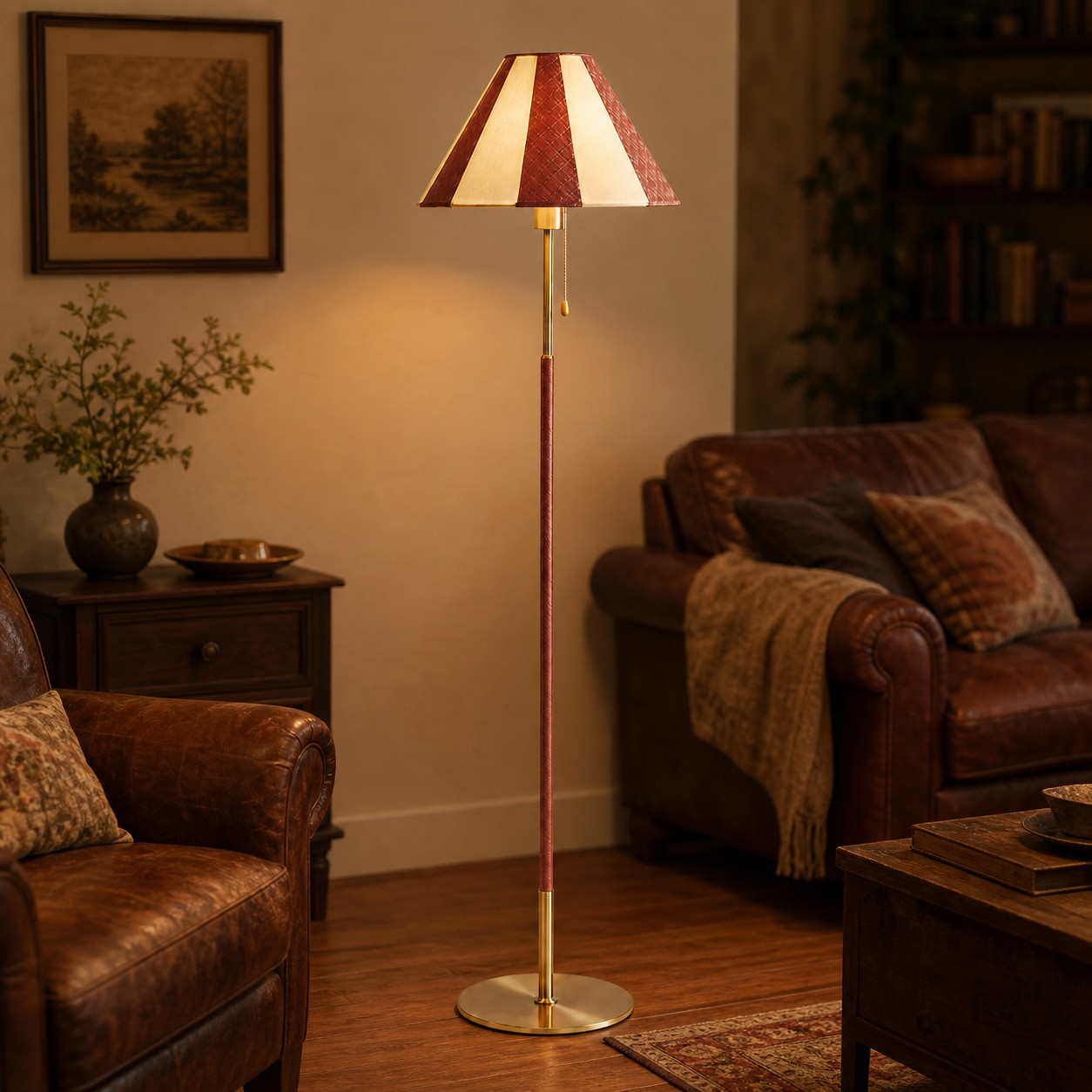 Rice red leather floor lamp in a warm living room