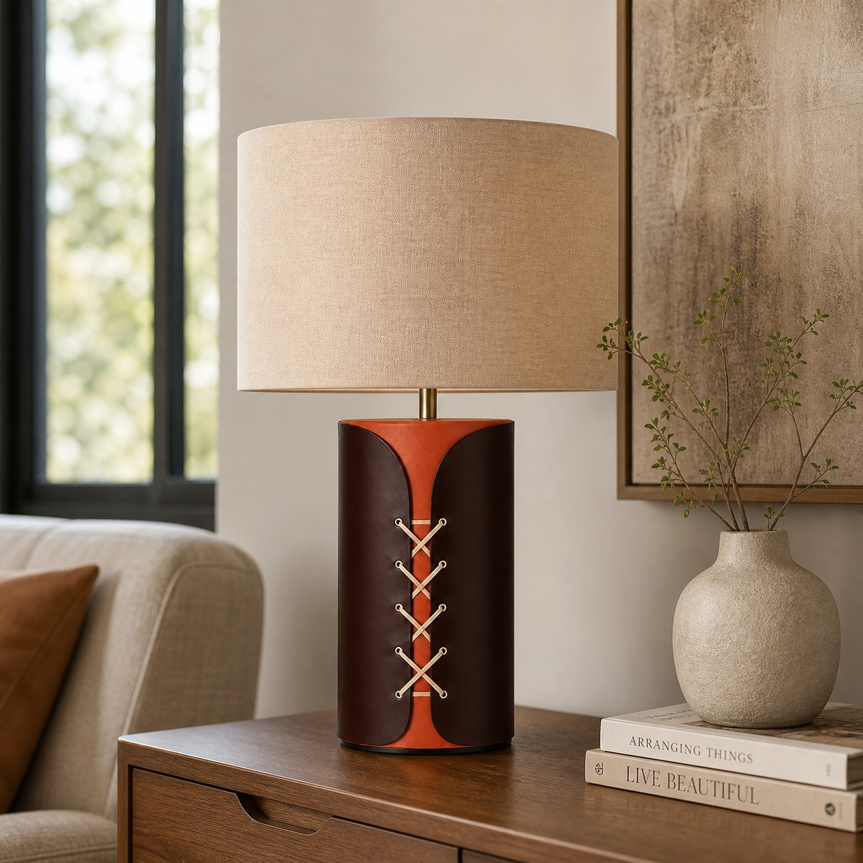 Laced panel leather lamp in a living room