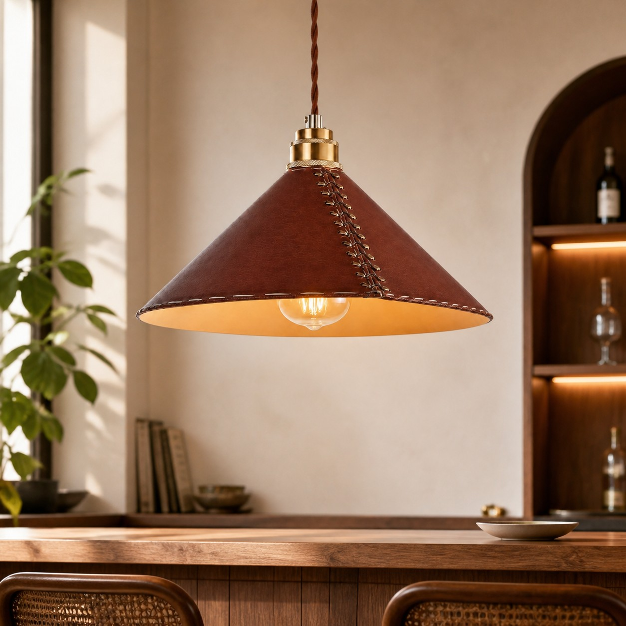 Leather pendant above a kitchen counter