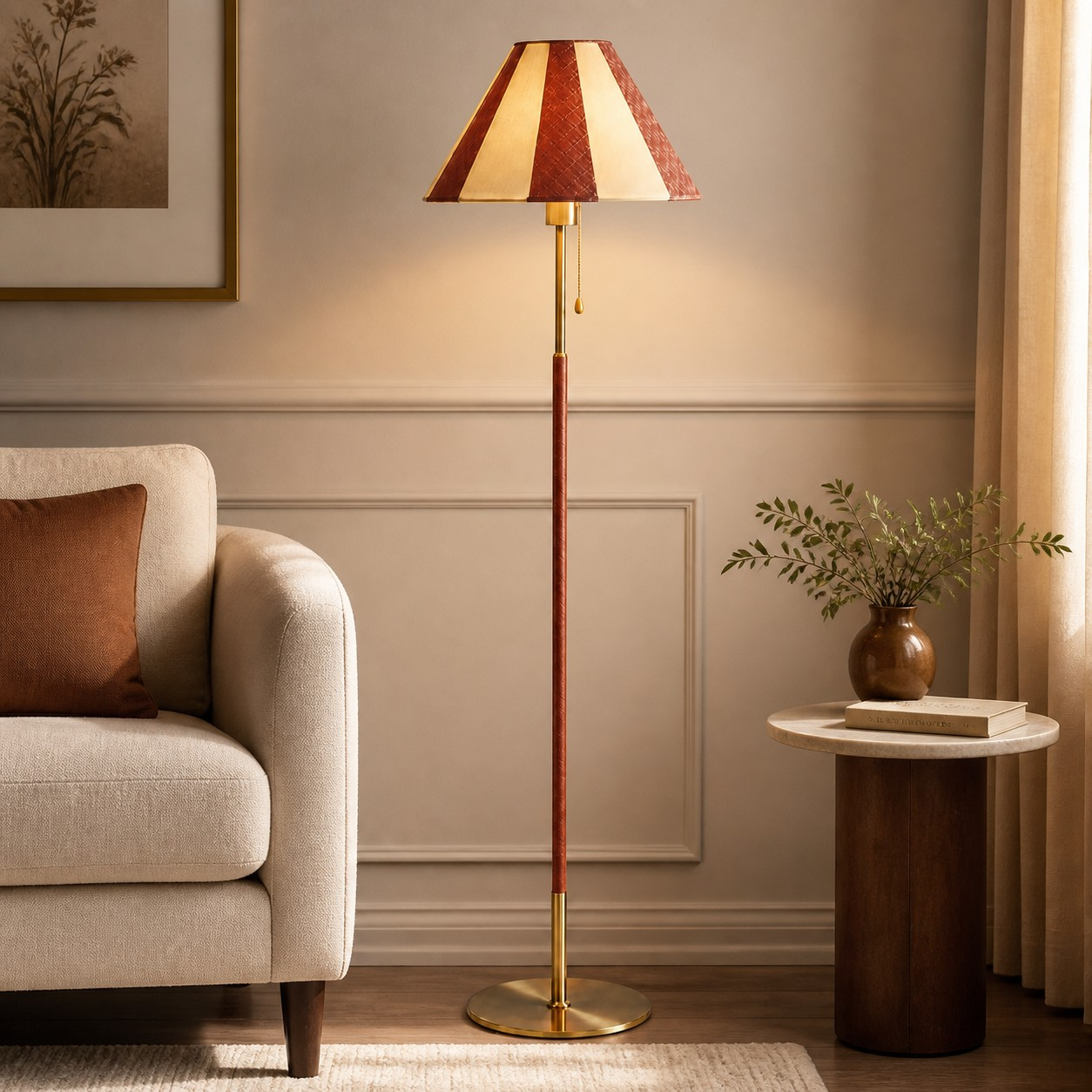 Rice red leather floor lamp beside a cream sofa