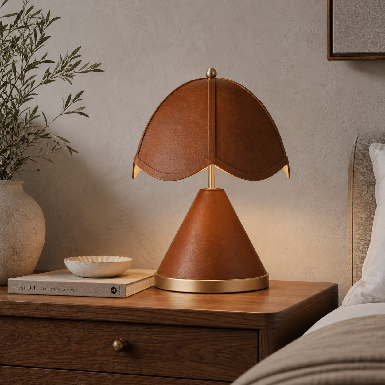 Leather petal table lamp on a bedside table