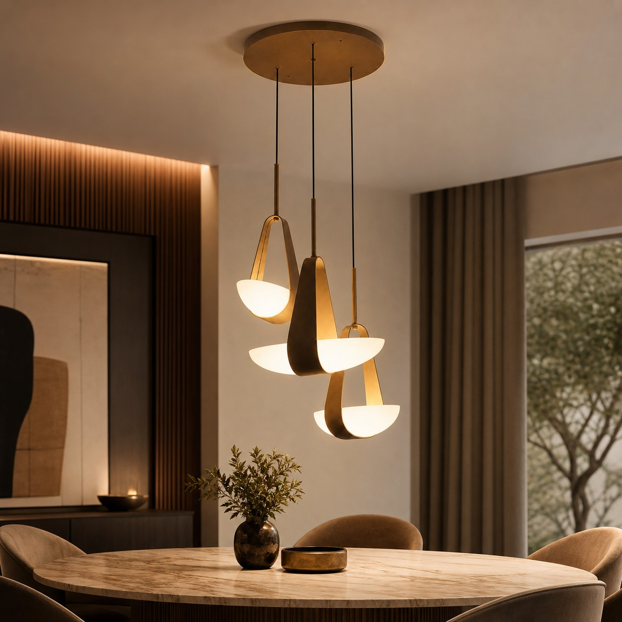 Triple leather sail pendant in a refined dining room