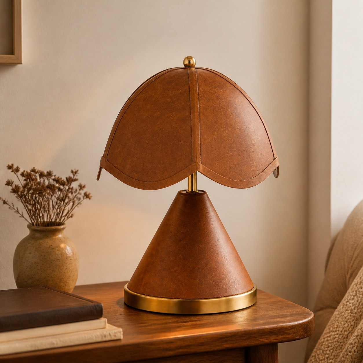 Leather table lamp on a living room side table