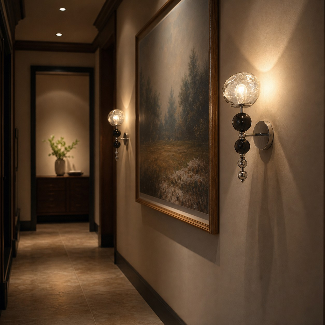 Chrome glass stacked orb wall lamp in a dark hallway