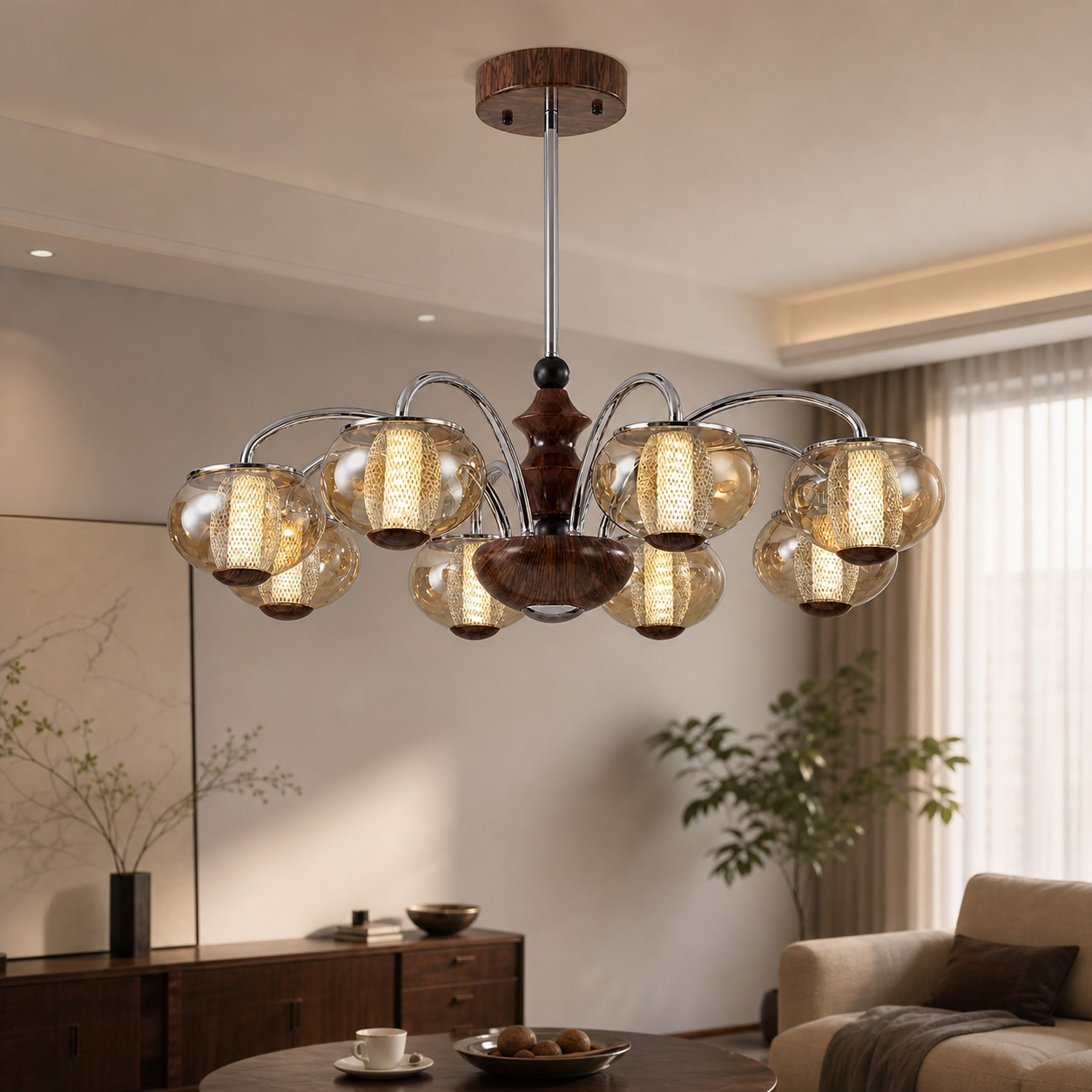 Eight-head chandelier in a warm living room