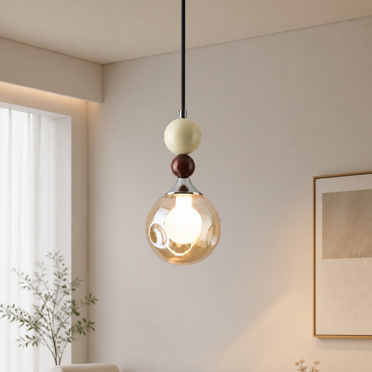 Cream glass pendant in a bright neutral room