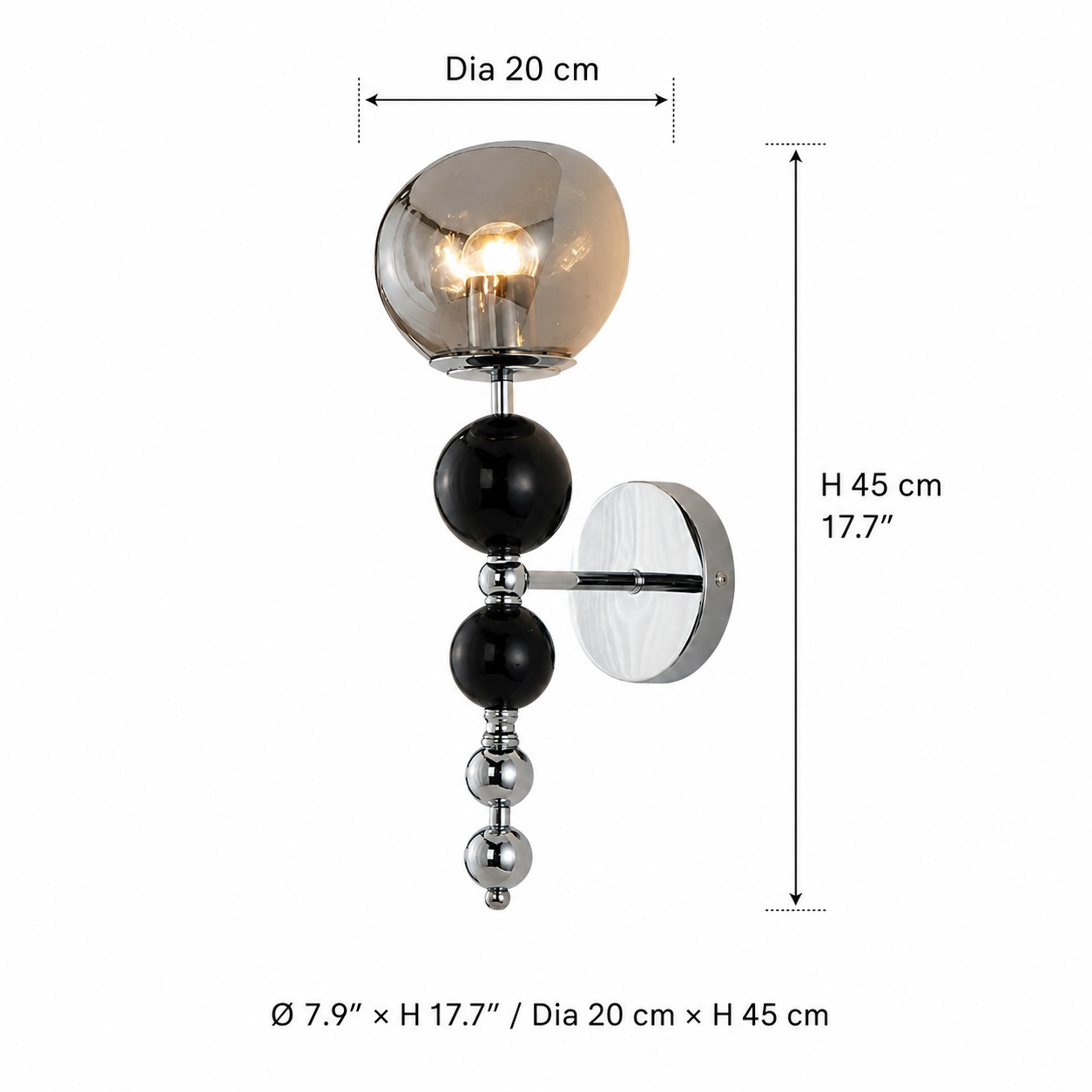 Stacked orb wall lamp dimensions showing 20 centimeter diameter and 45 centimeter height