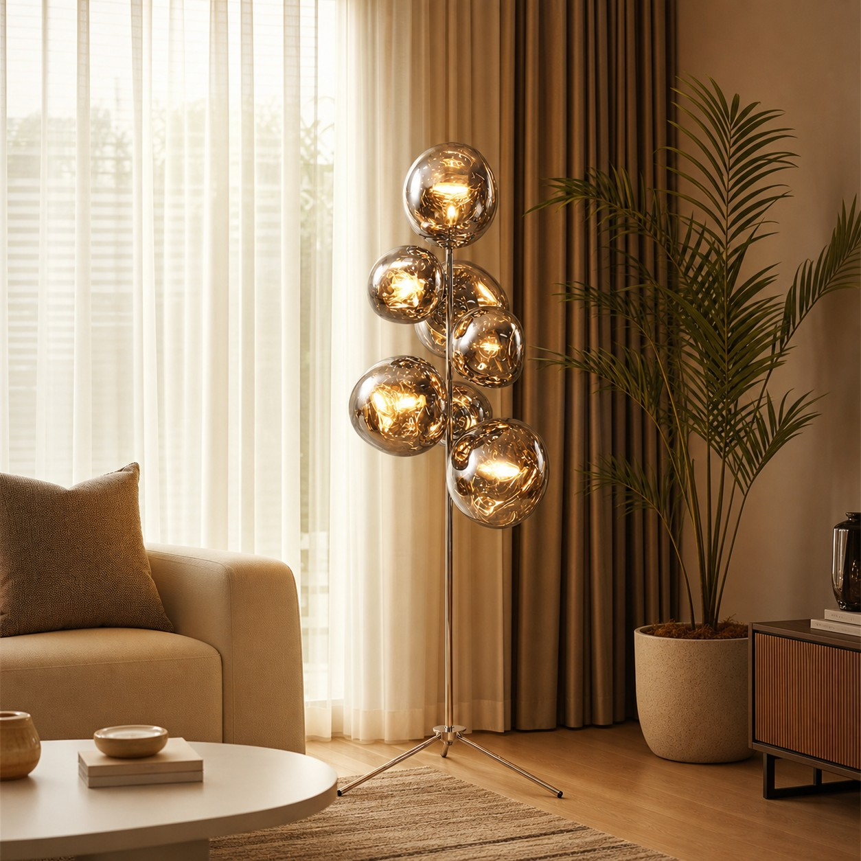 Warm illuminated globe floor lamp in a modern living room