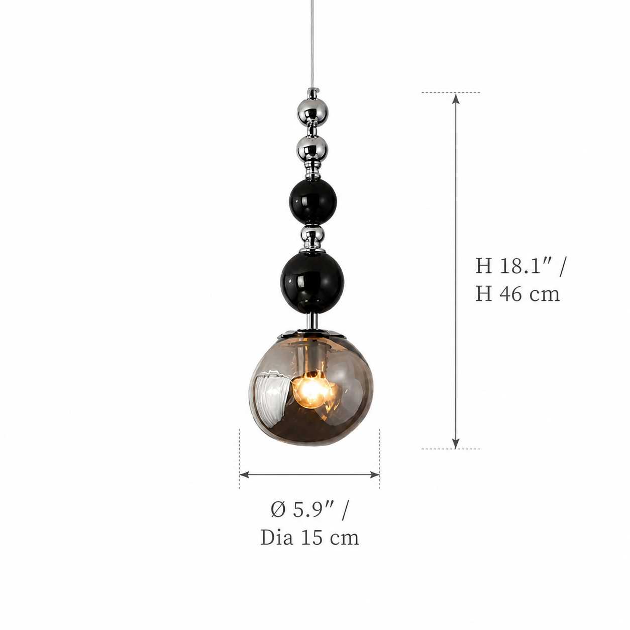 Luma pendant dimensions, 15 cm diameter and 46 cm high