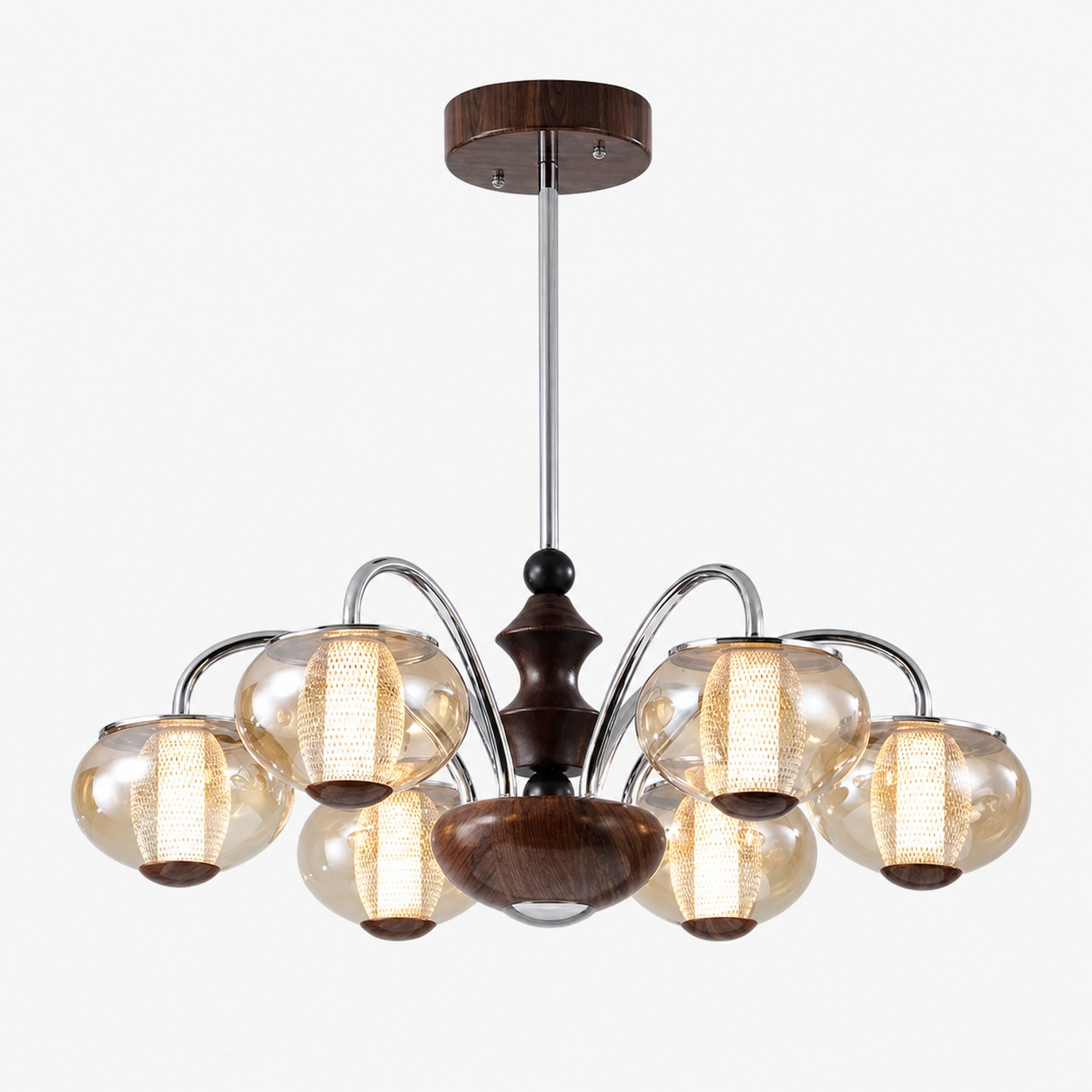 Six-head walnut and amber glass chandelier