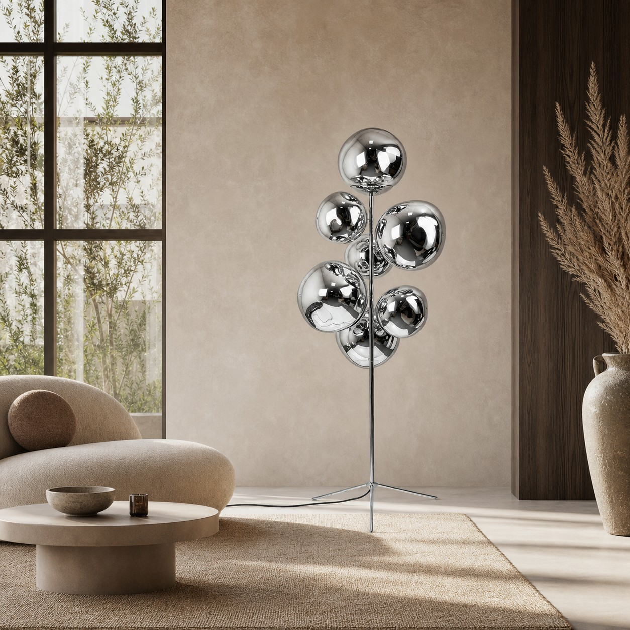 Chrome globe floor lamp in a neutral sitting room
