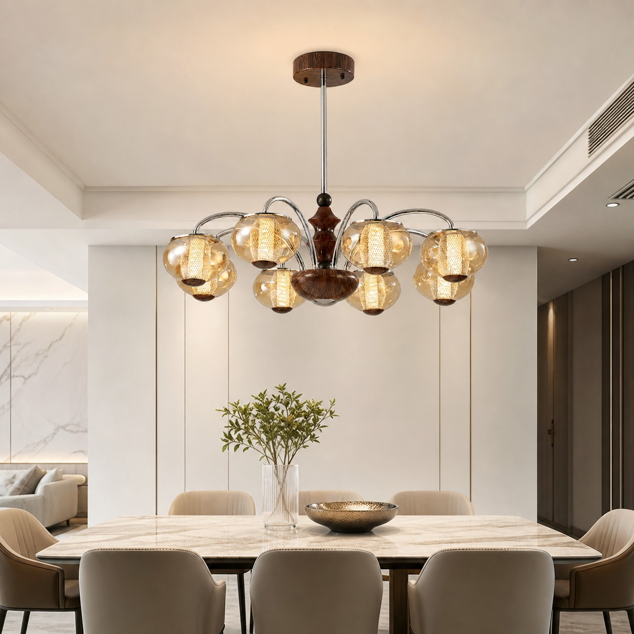 Eight-head chandelier above a dining table