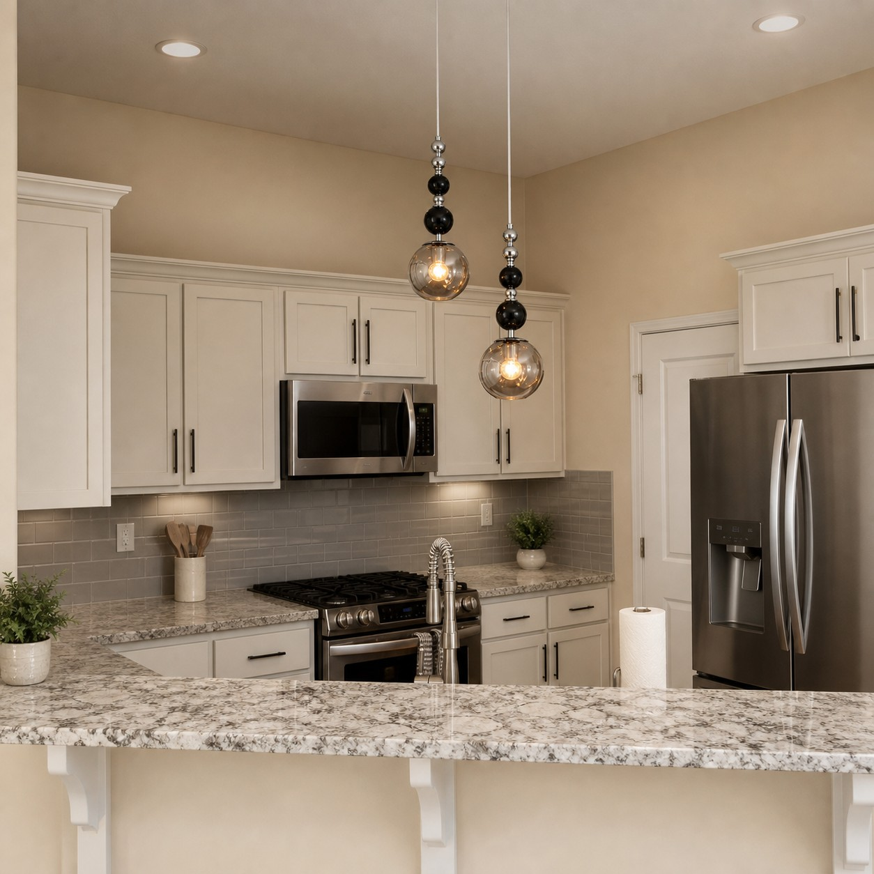 Smoke gray glass pendants above a kitchen island