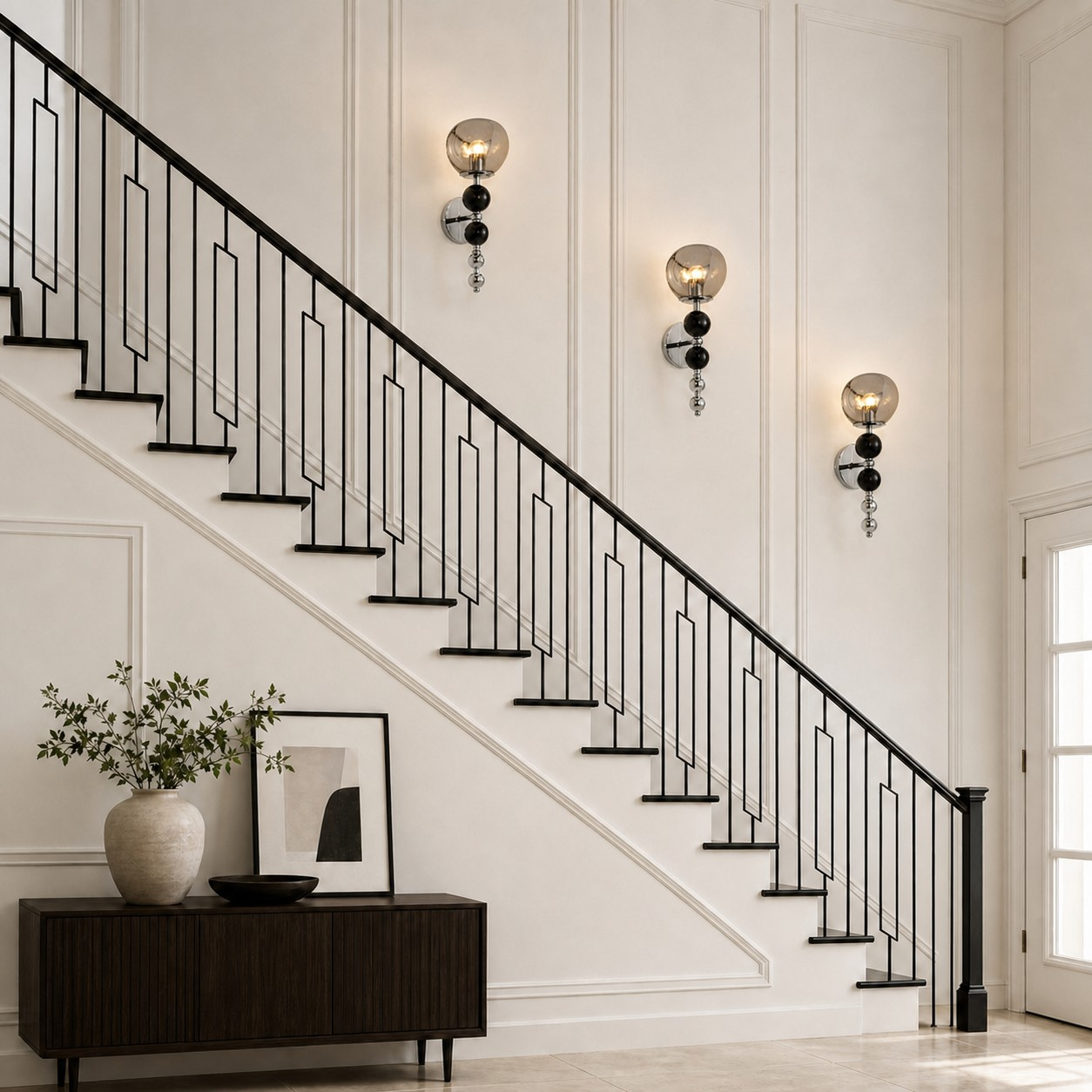 Smoke gray stacked orb wall lamps beside a staircase